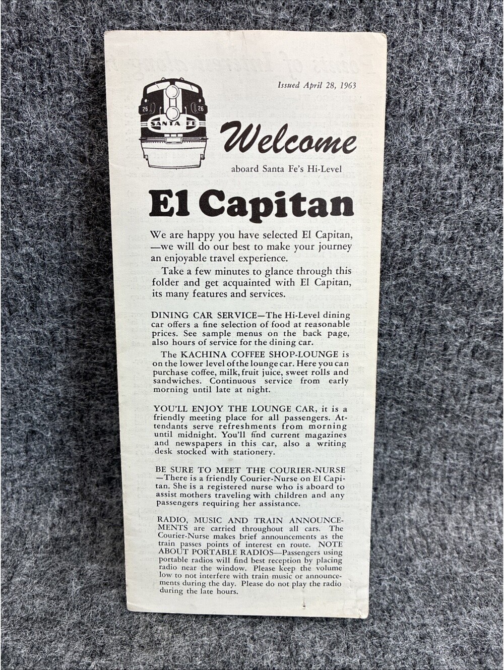 Vtg 1963 Santa Fe El Capitan Brochure Menu Grand Canyon Train Timetable Sheet